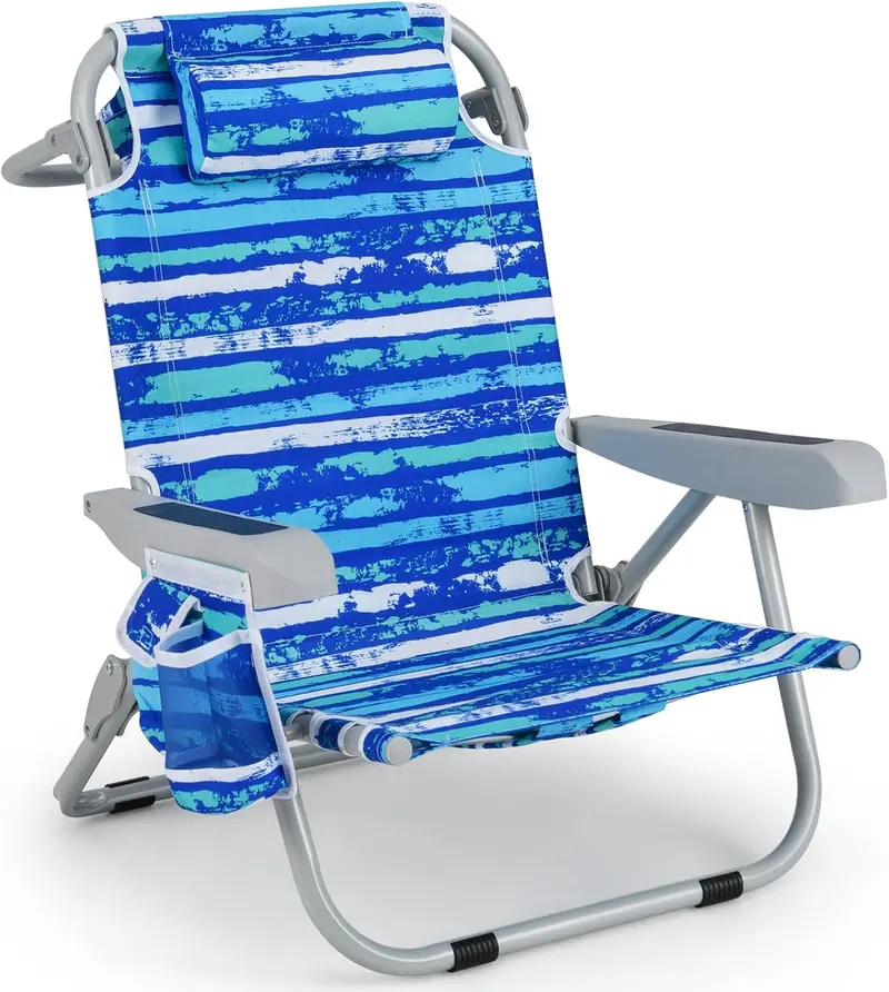 Folding Aluminum Beach Backpack Chair – Five-Position Reclining Seat with Integrated Towel Rack and Ultra-Light Frame