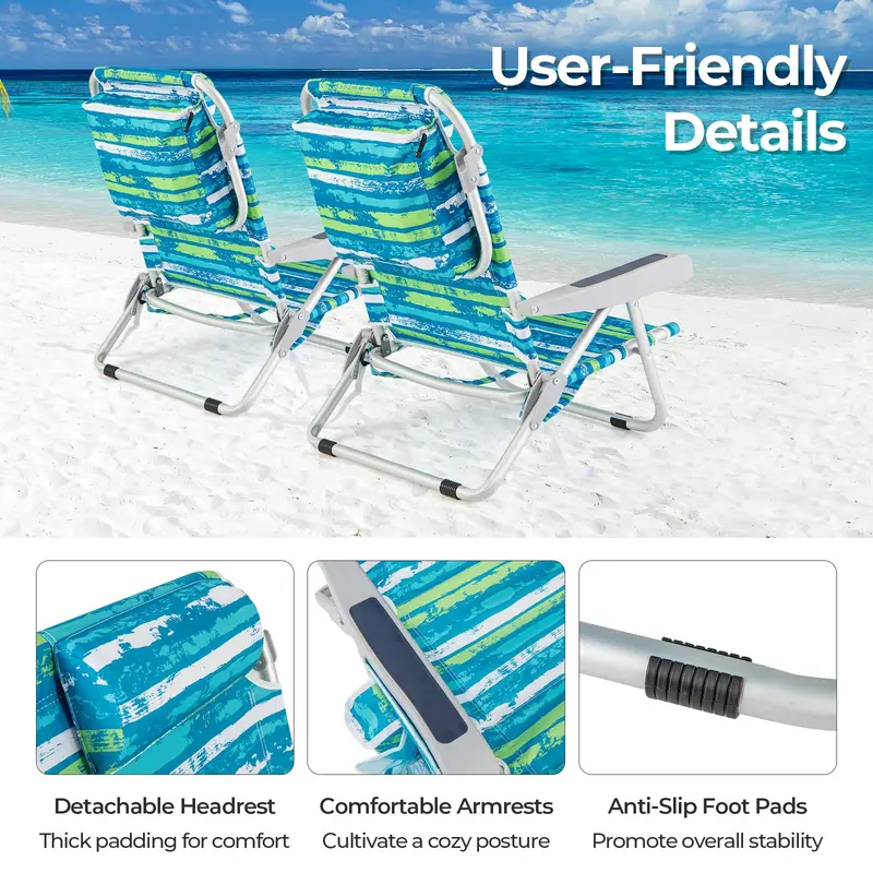 Folding Aluminum Beach Backpack Chair – Five-Position Reclining Seat with Integrated Towel Rack and Ultra-Light Frame