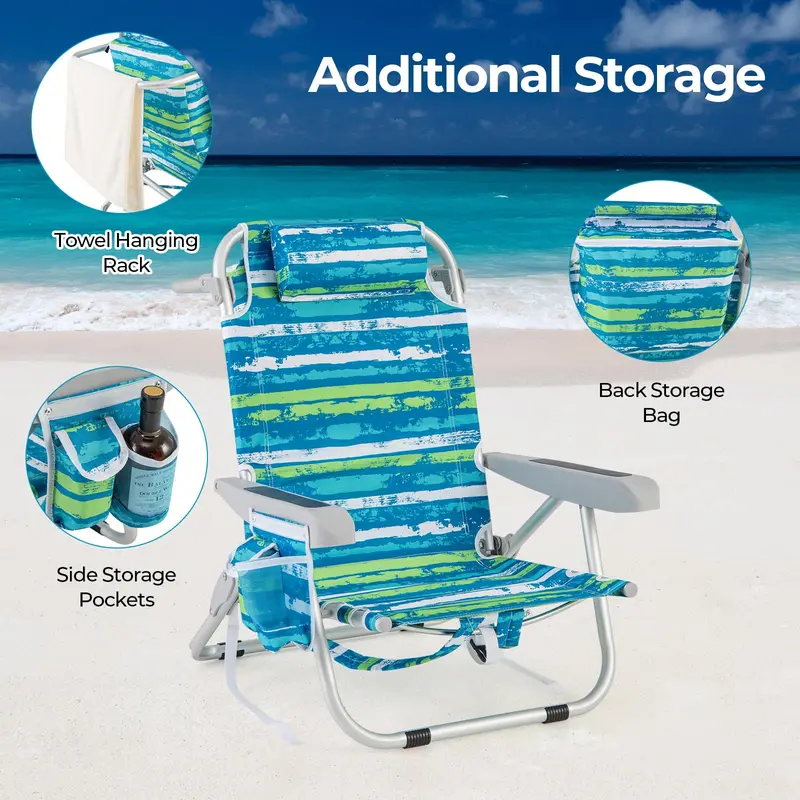 Folding Aluminum Beach Backpack Chair – Five-Position Reclining Seat with Integrated Towel Rack and Ultra-Light Frame