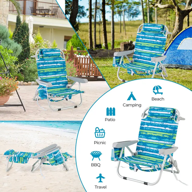 Folding Aluminum Beach Backpack Chair – Five-Position Reclining Seat with Integrated Towel Rack and Ultra-Light Frame