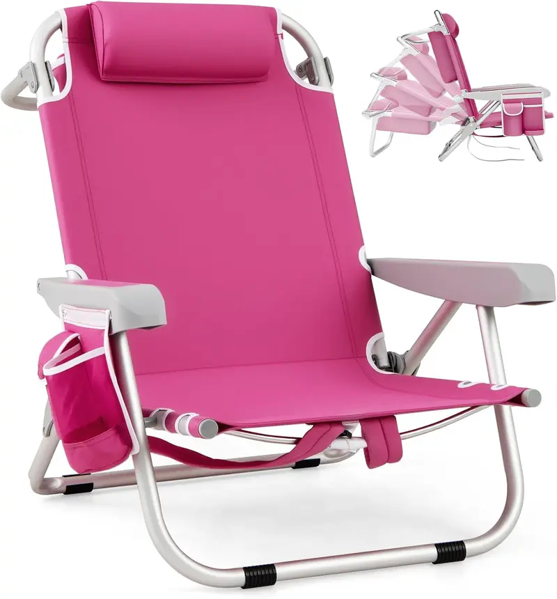 Folding Aluminum Beach Backpack Chair – Five-Position Reclining Seat with Integrated Towel Rack and Ultra-Light Frame