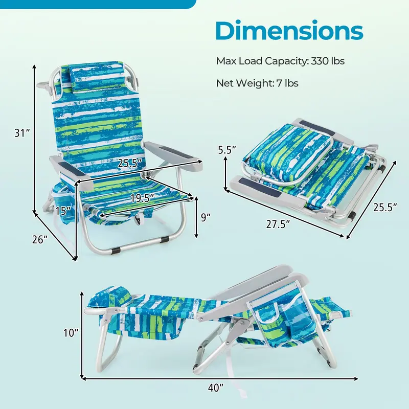 Folding Aluminum Beach Backpack Chair – Five-Position Reclining Seat with Integrated Towel Rack and Ultra-Light Frame