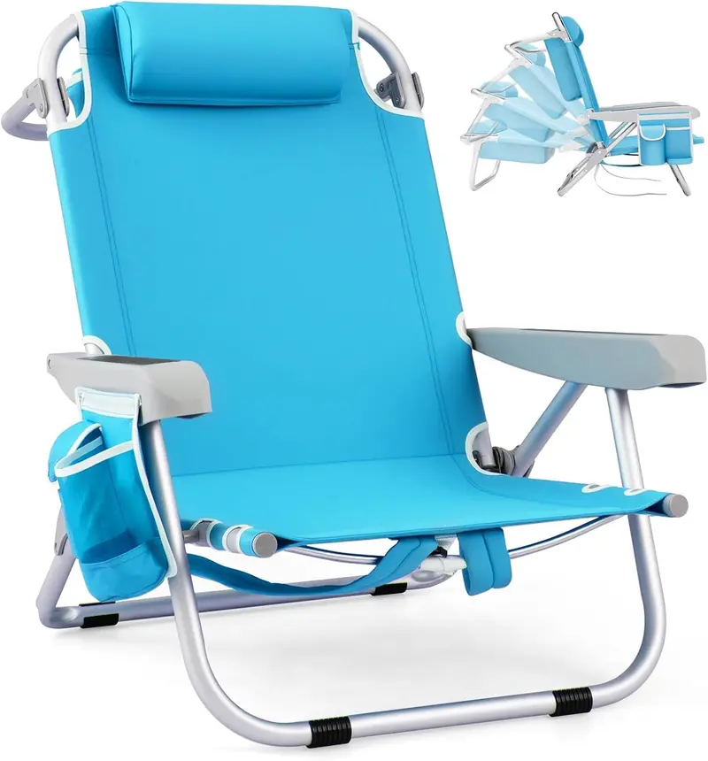 Folding Aluminum Beach Backpack Chair – Five-Position Reclining Seat with Integrated Towel Rack and Ultra-Light Frame
