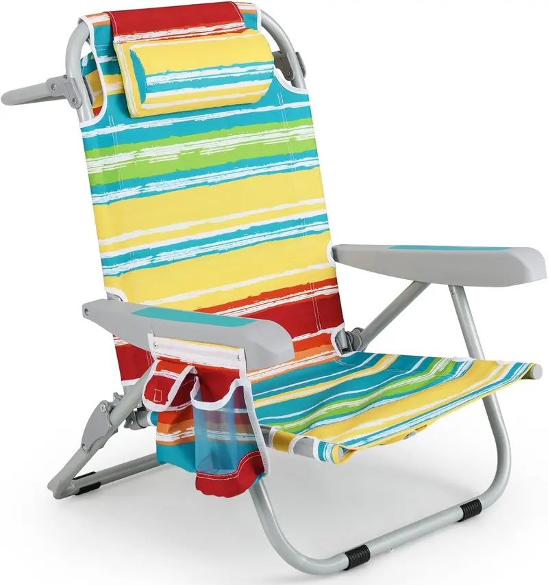 Folding Aluminum Beach Backpack Chair – Five-Position Reclining Seat with Integrated Towel Rack and Ultra-Light Frame