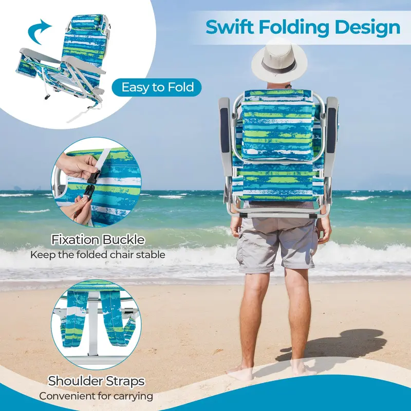 Folding Aluminum Beach Backpack Chair – Five-Position Reclining Seat with Integrated Towel Rack and Ultra-Light Frame