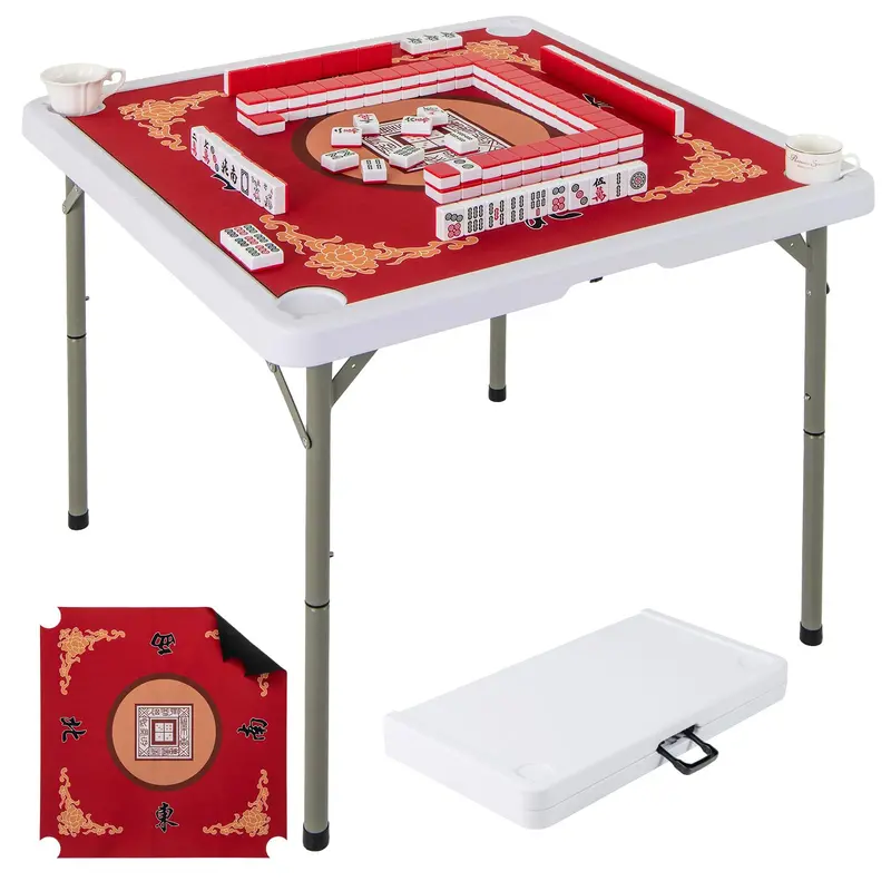 Folding Mahjong Card Table with HDPE Surface, Cup Holders, and Protective Mat
