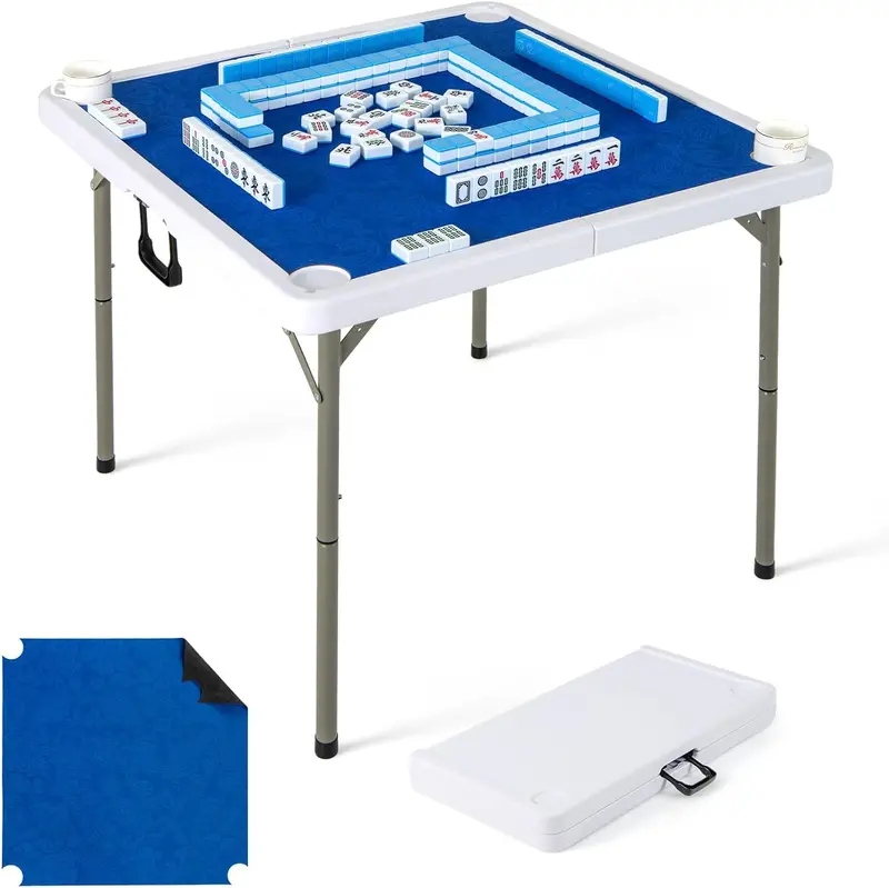 Folding Mahjong Card Table with HDPE Surface, Cup Holders, and Protective Mat