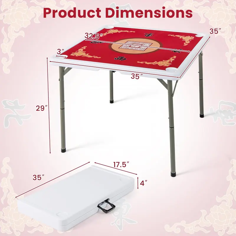 Folding Mahjong Card Table with HDPE Surface, Cup Holders, and Protective Mat