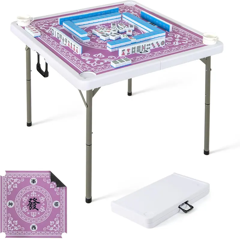 Folding Mahjong Card Table with HDPE Surface, Cup Holders, and Protective Mat