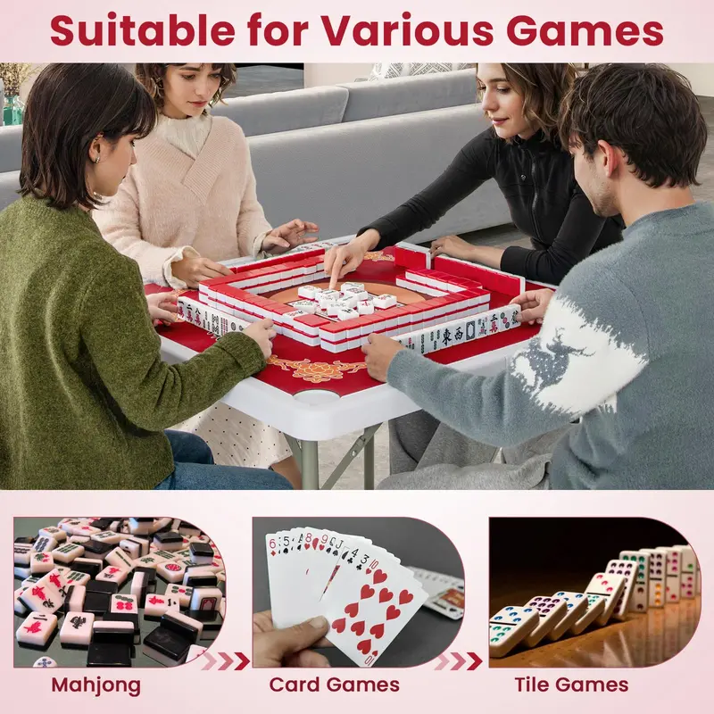 Folding Mahjong Card Table with HDPE Surface, Cup Holders, and Protective Mat 2