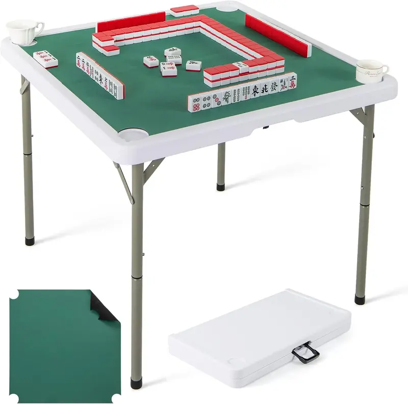 Folding Mahjong Card Table with HDPE Surface, Cup Holders, and Protective Mat