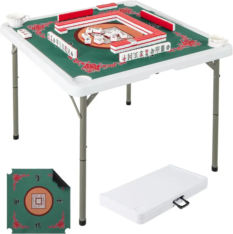 Folding Mahjong Card Table with HDPE Surface, Cup Holders, and Protective Mat