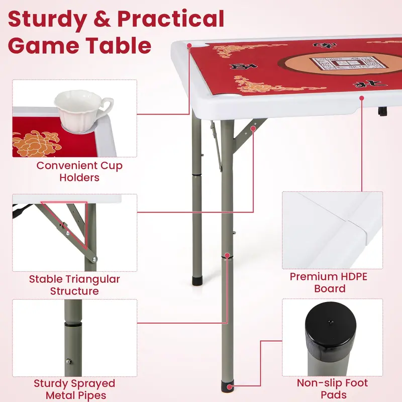 Folding Mahjong Card Table with HDPE Surface, Cup Holders, and Protective Mat