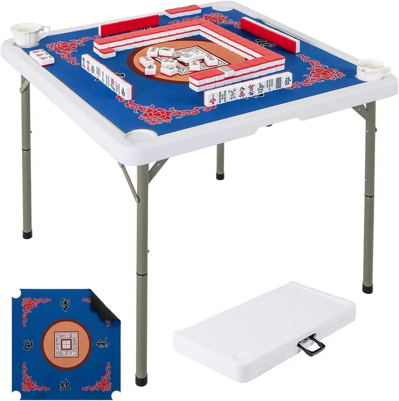 Folding Mahjong Card Table with HDPE Surface, Cup Holders, and Protective Mat