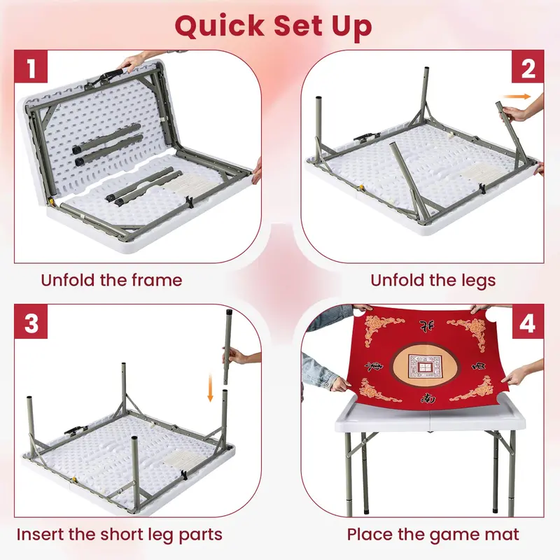 Folding Mahjong Card Table with HDPE Surface, Cup Holders, and Protective Mat