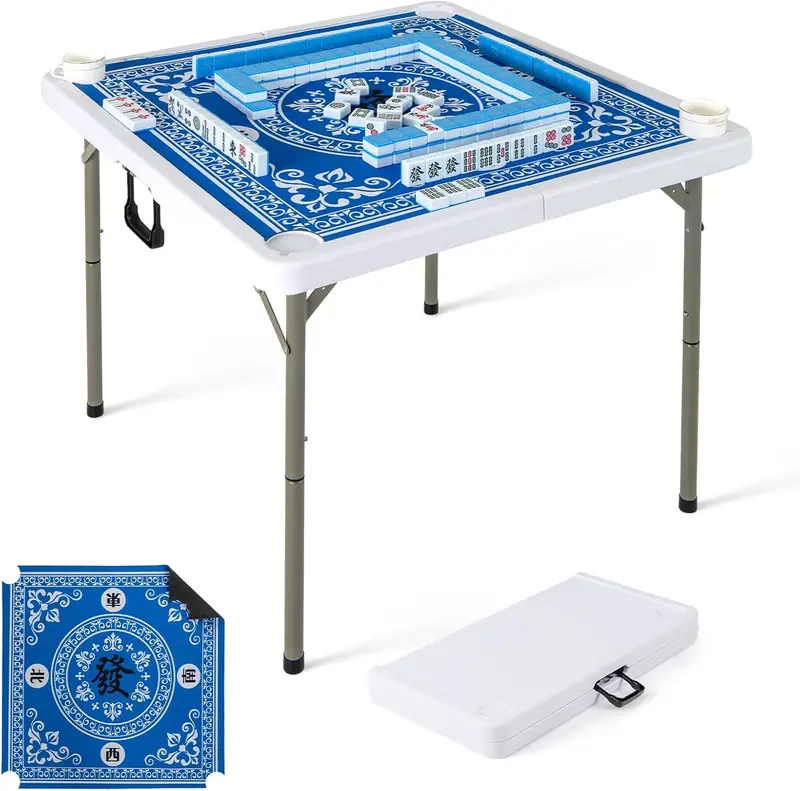 Folding Mahjong Card Table with HDPE Surface, Cup Holders, and Protective Mat
