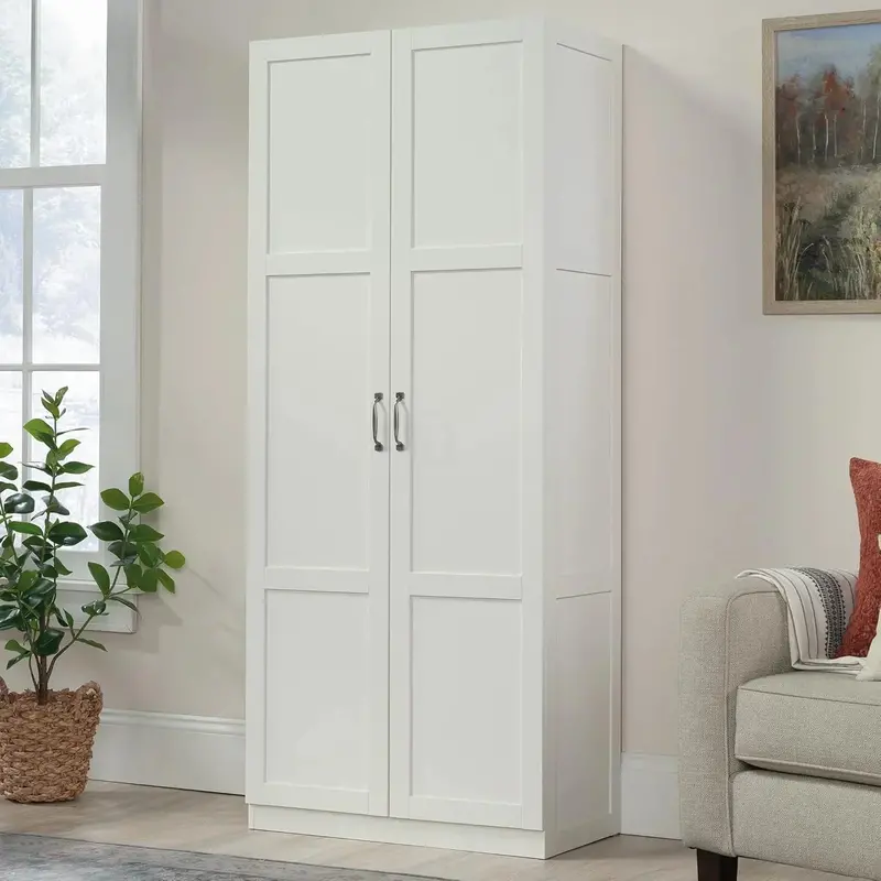 Freestanding White Pantry Cabinet Featuring Adjustable Shelving