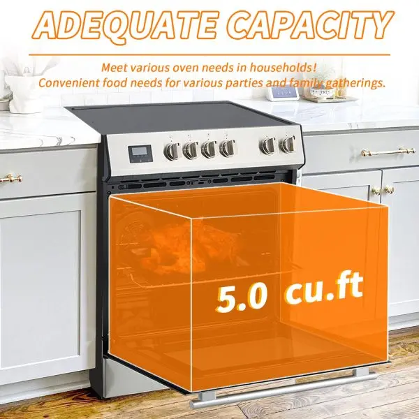 Front-Control Electric Range – 5-Burner Cooktop, 6 Power Levels, 5.0 cu. ft. Oven, Stainless Steel