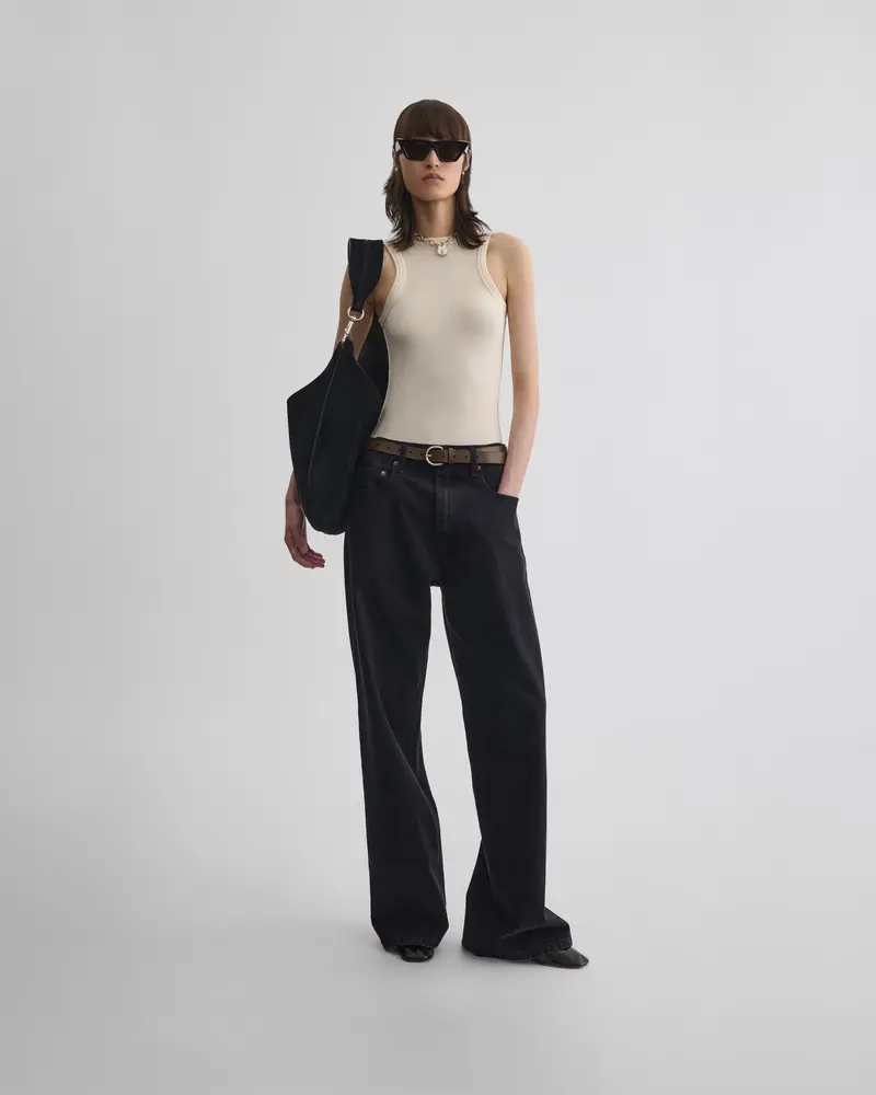 Full-Length Zip Detail Black Denim Trousers