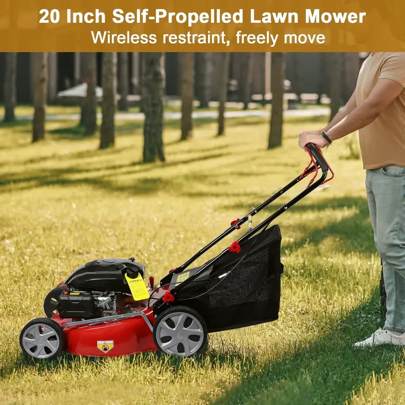 Gas-Powered Self-Propelled Lawn Mower – 141cc Engine, 50-Liter Grass Collection Bag, All-Terrain Large Tires