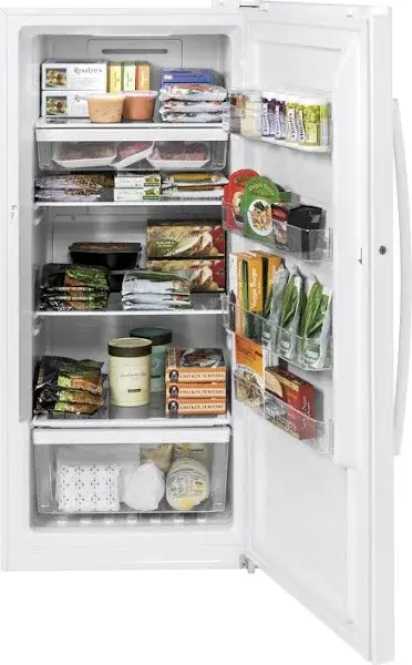 GE FUF14DLRWW Frost-Free Upright Freezer – 14.1 Cu. Ft. White Model with Spill-Resistant Shelves