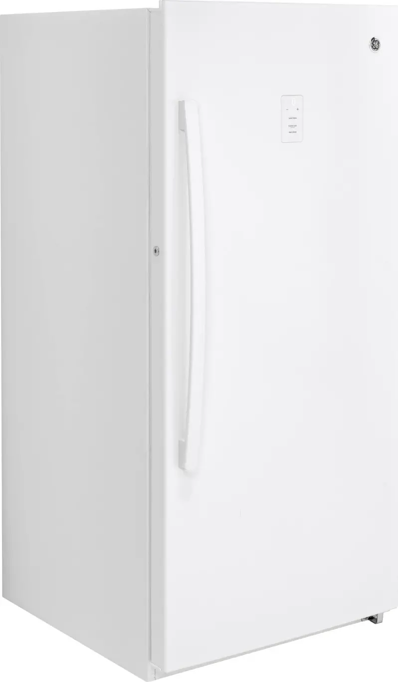 GE FUF14DLRWW Frost-Free Upright Freezer – 14.1 Cu. Ft. White Model with Spill-Resistant Shelves