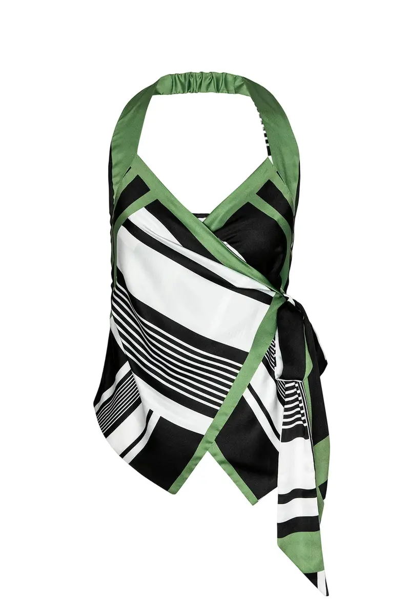 Geometric Stripe Satin Halter Top – Minimalist Modern Halter Neck Top with Graphic Pattern