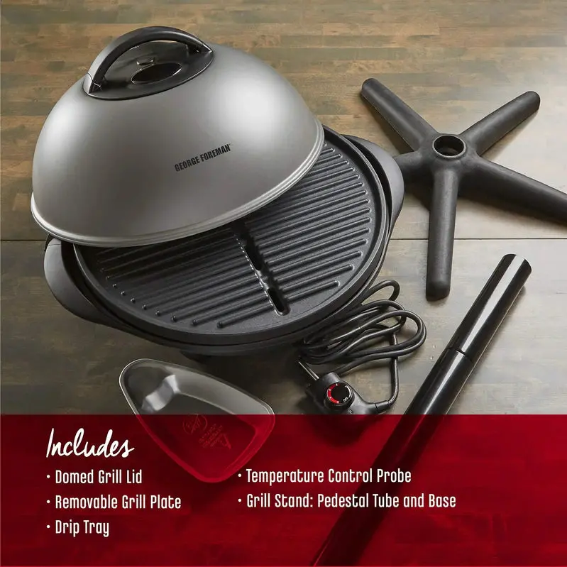 George Foreman Silver Electric Grill – Large Surface Area, Adjustable Heat Control, Serves 12 or More