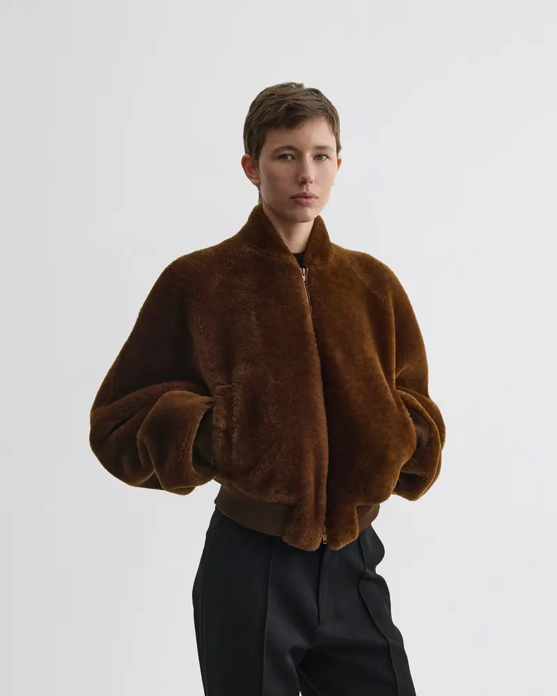 Ginger Shearling Cropped Bomber Jacket