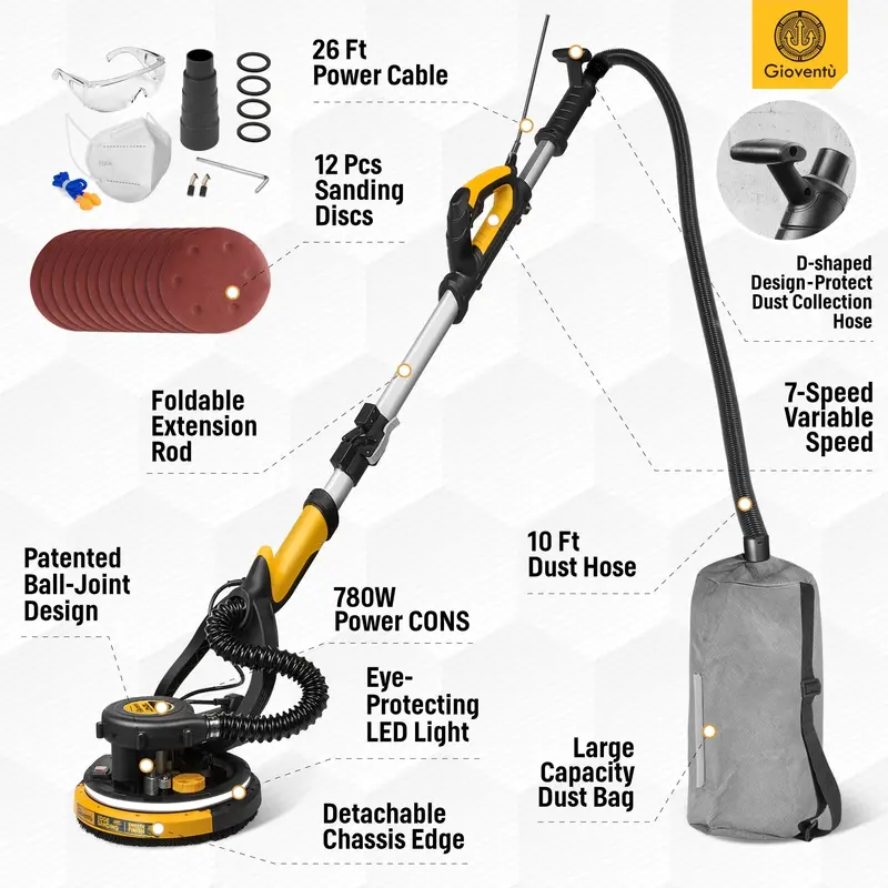 Giovent Electric Ceiling Sander with Vacuum Integration – Drywall Sanding Tool for Dust-Free Finishing