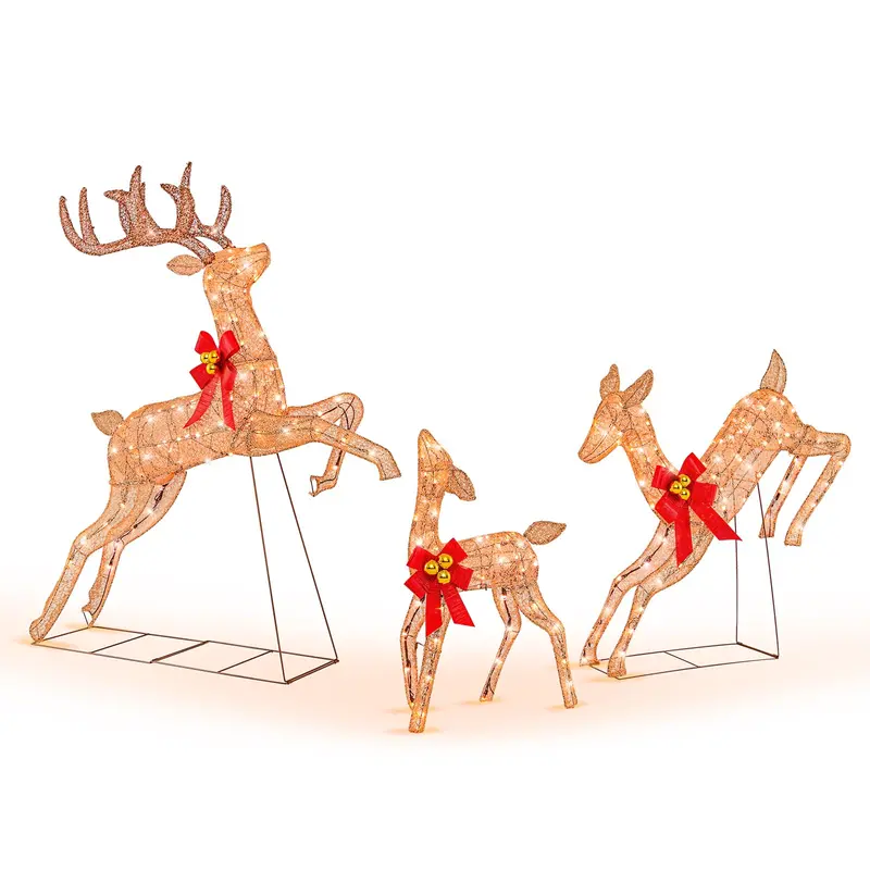 Glitter-Finished Pre-Lit Reindeer Trio – Illuminated Holiday Decor Set