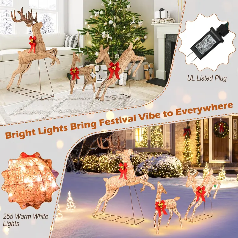 Glitter-Finished Pre-Lit Reindeer Trio – Illuminated Holiday Decor Set 2