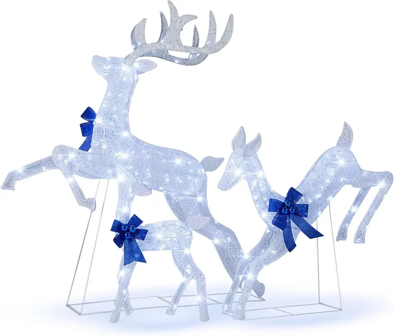 Glitter-Finished Pre-Lit Reindeer Trio – Illuminated Holiday Decor Set