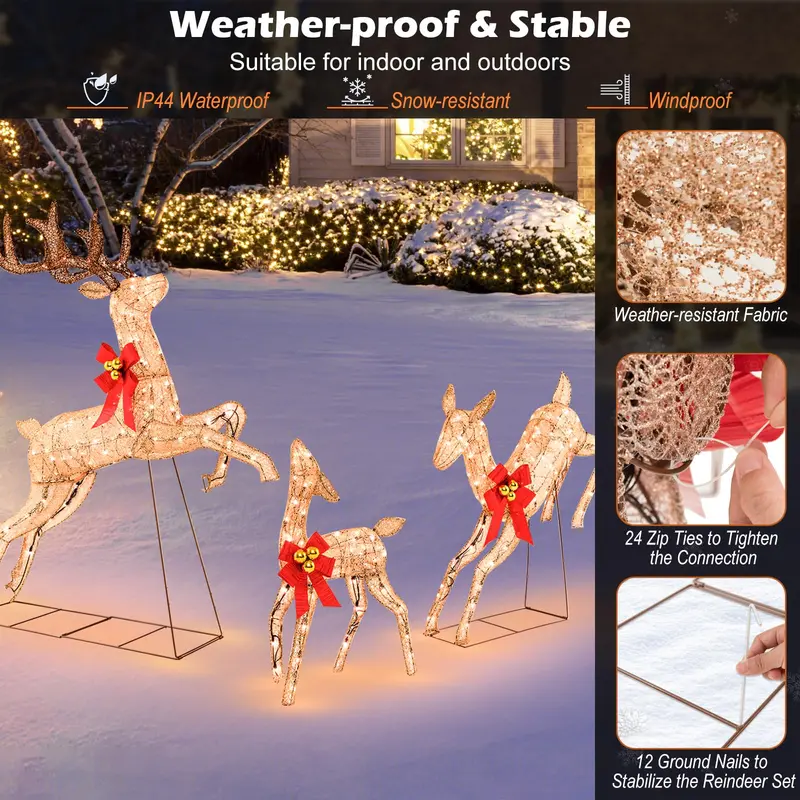 Glitter-Finished Pre-Lit Reindeer Trio – Illuminated Holiday Decor Set