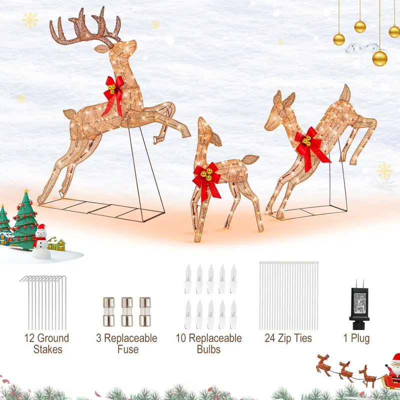 Glitter-Finished Pre-Lit Reindeer Trio – Illuminated Holiday Decor Set