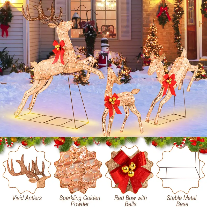 Glitter-Finished Pre-Lit Reindeer Trio – Illuminated Holiday Decor Set