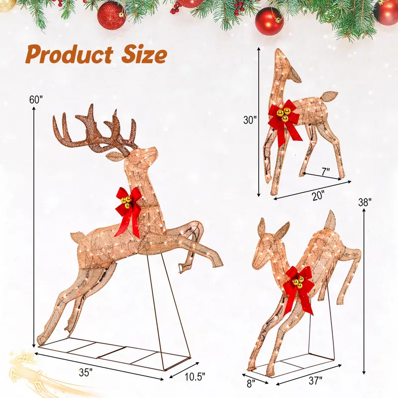 Glitter-Finished Pre-Lit Reindeer Trio – Illuminated Holiday Decor Set