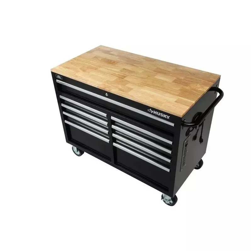 Gloss Black 9-Drawer Mobile Tool Chest – 46" Wide × 24" Deep Workbench with Casters