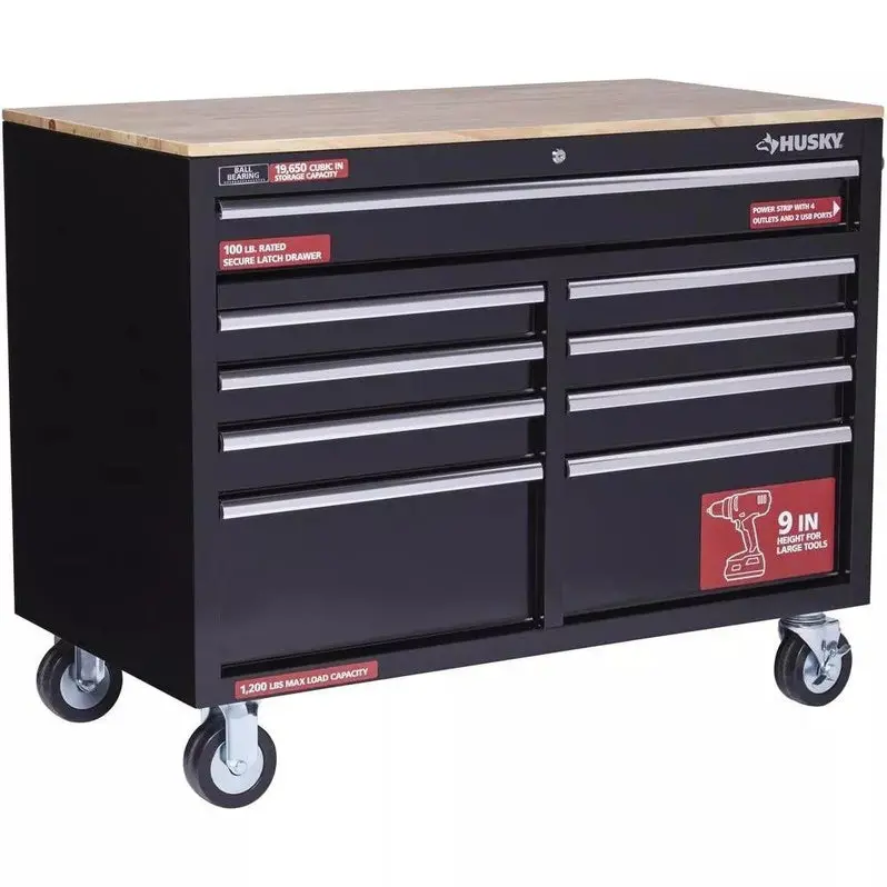 Gloss Black 9-Drawer Mobile Tool Chest – 46" Wide × 24" Deep Workbench with Casters