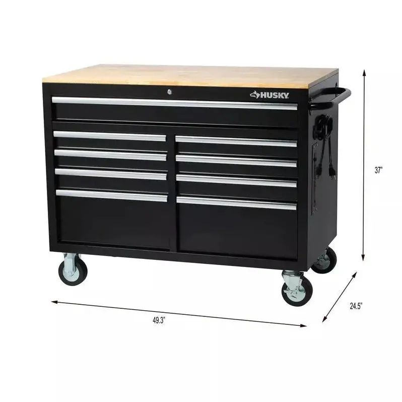 Gloss Black 9-Drawer Mobile Tool Chest – 46" Wide × 24" Deep Workbench with Casters
