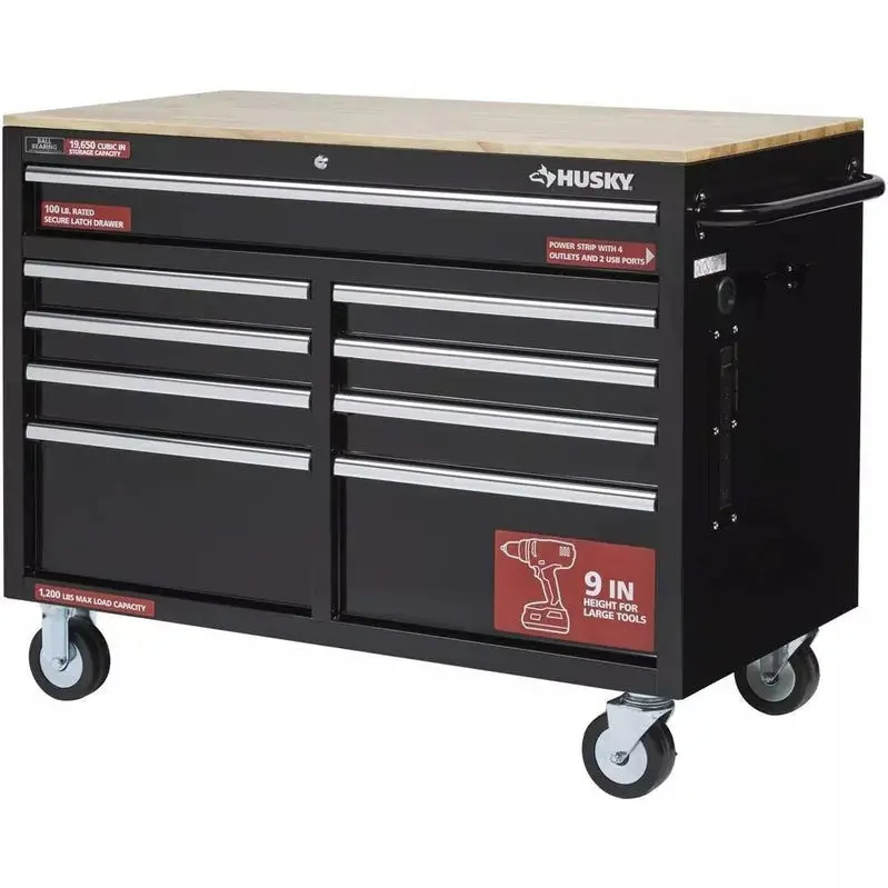 Gloss Black 9-Drawer Mobile Tool Chest – Integrated Power Strip and Premium Solid Wood Work Surface