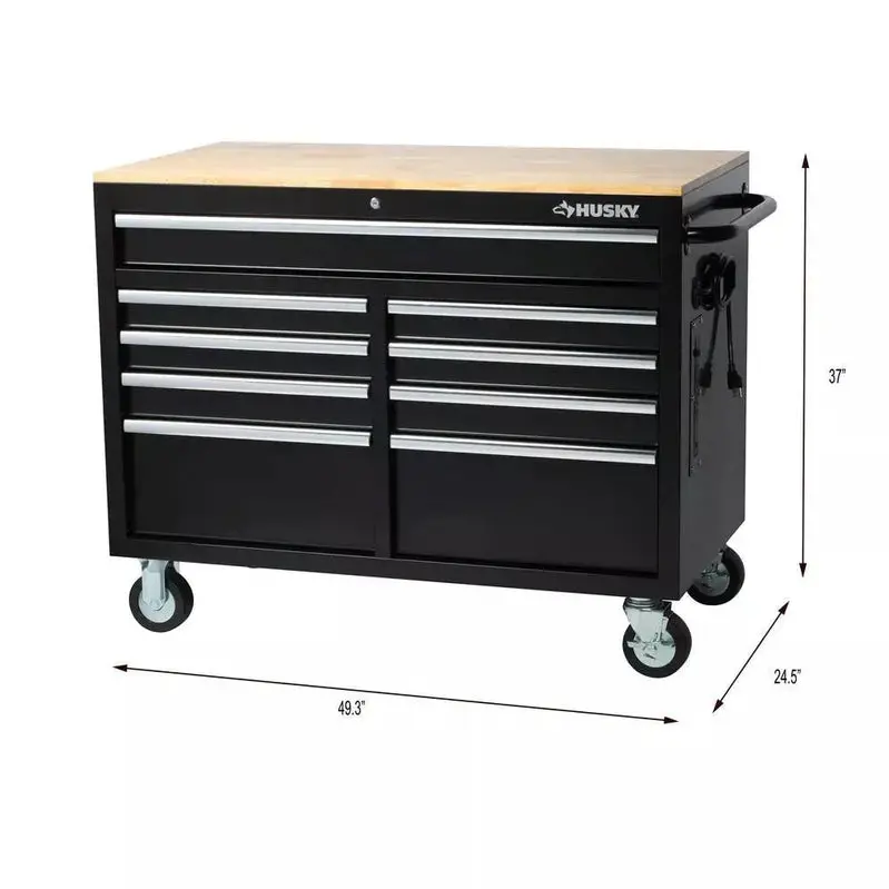 Gloss Black 9-Drawer Mobile Tool Chest – Integrated Power Strip and Premium Solid Wood Work Surface