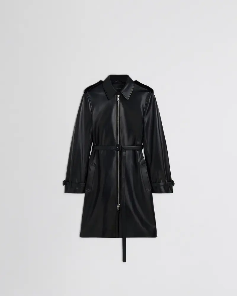 Glossy Black Leather Short Trench Coat With Detachable Belt