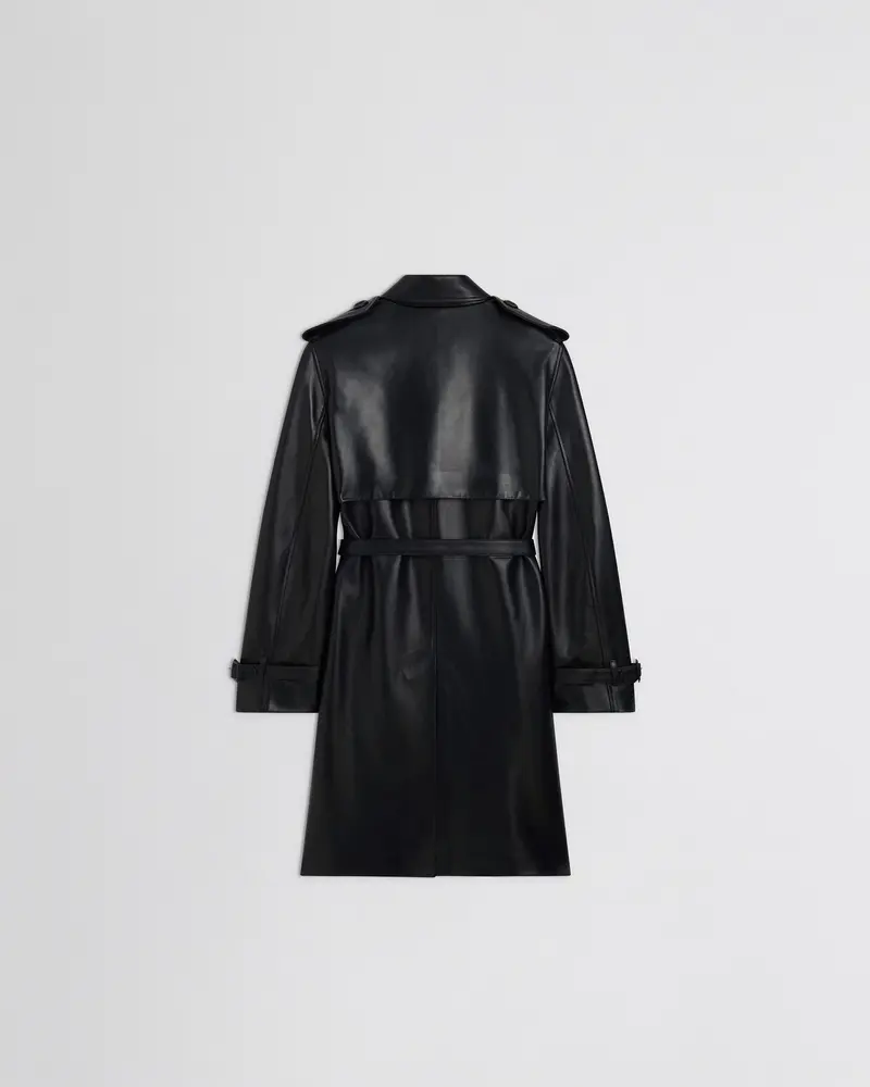 Glossy Black Leather Short Trench Coat With Detachable Belt 2