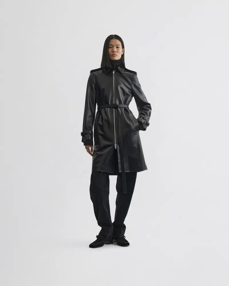 Glossy Black Leather Short Trench Coat With Detachable Belt