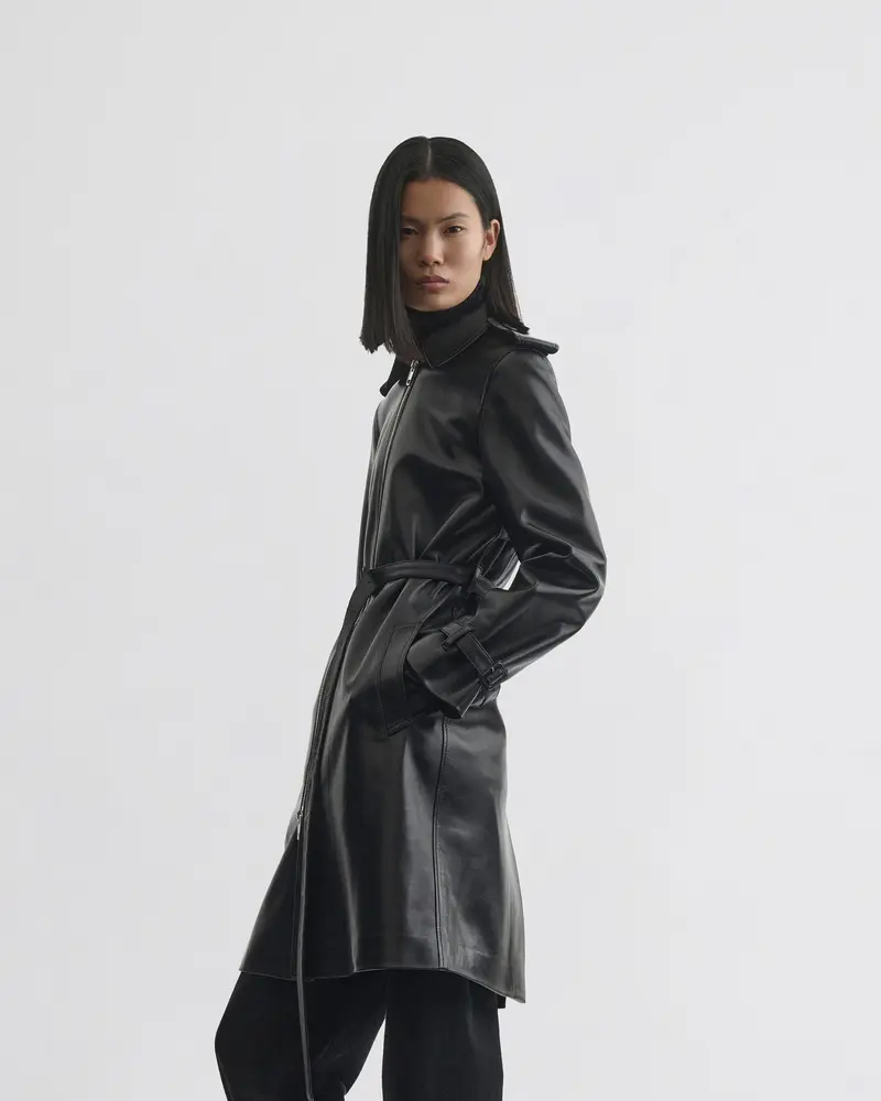 Glossy Black Leather Short Trench Coat With Detachable Belt