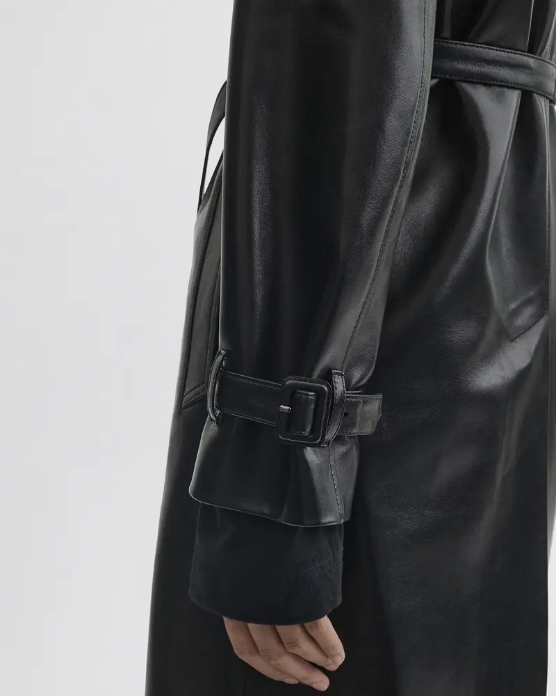 Glossy Black Leather Short Trench Coat With Detachable Belt
