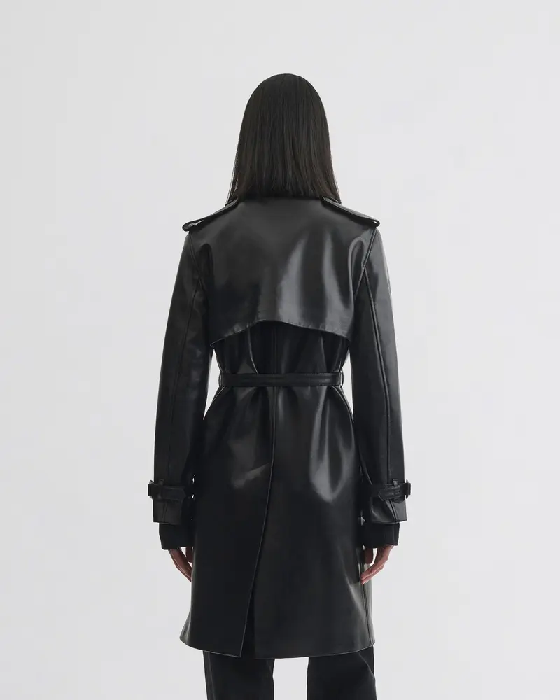 Glossy Black Leather Short Trench Coat With Detachable Belt