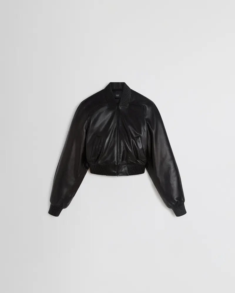 Glossy Black Plonge Leather Bomber Jacket