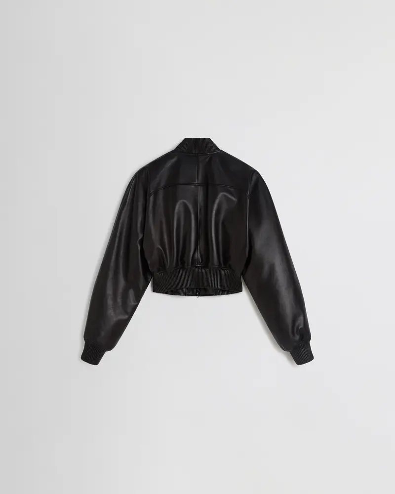 Glossy Black Plonge Leather Bomber Jacket 2